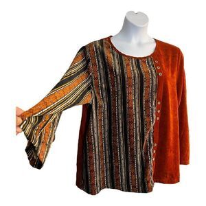 Gracila Corduroy Orange Striped Tunic Long Sleeve Shirt Boho Women Plus Size 5XL